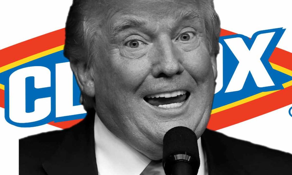 Trump in front of Clorox logo
