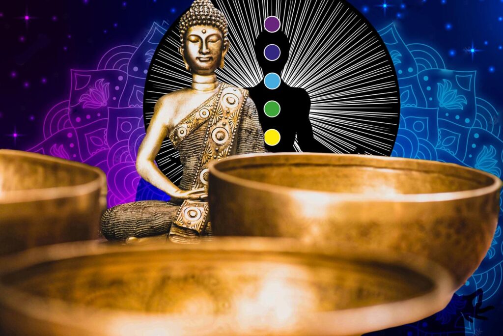 buddha statue with healing bowls and chakra graphic